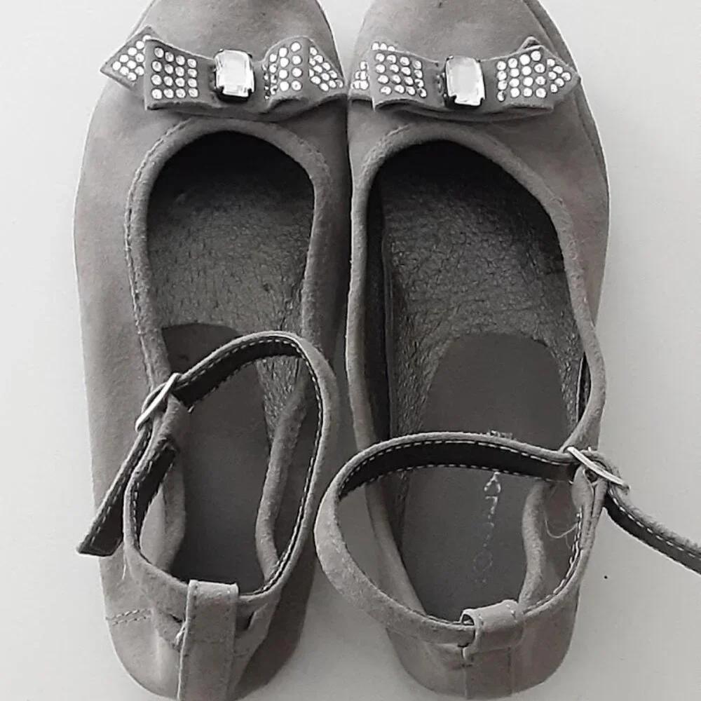Wolly soft grey suede ballet style shoes with ankle strap - made in Italy